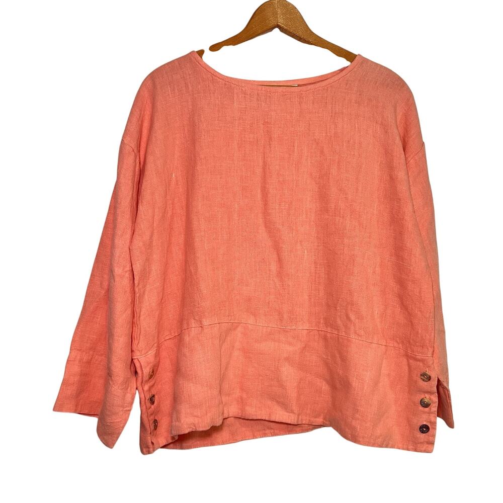 Bryn Walker Top Size S Peach 100% Linen Lagenlook Side Buttons Boxy Made In USA